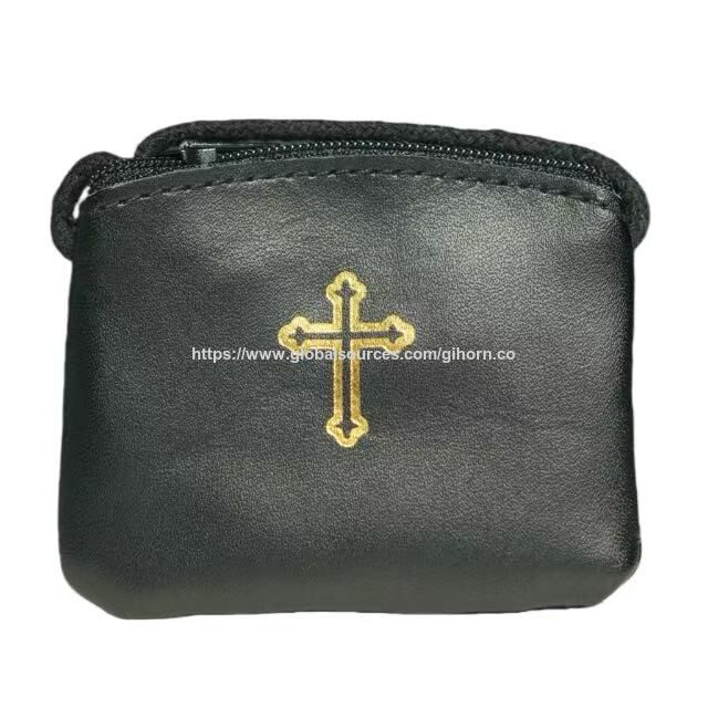 Étui à Chapelet avec Fermeture Éclair et Chapelet Catholique pour Femme, Étui en Cuir avec Croix Dorée Imprimée