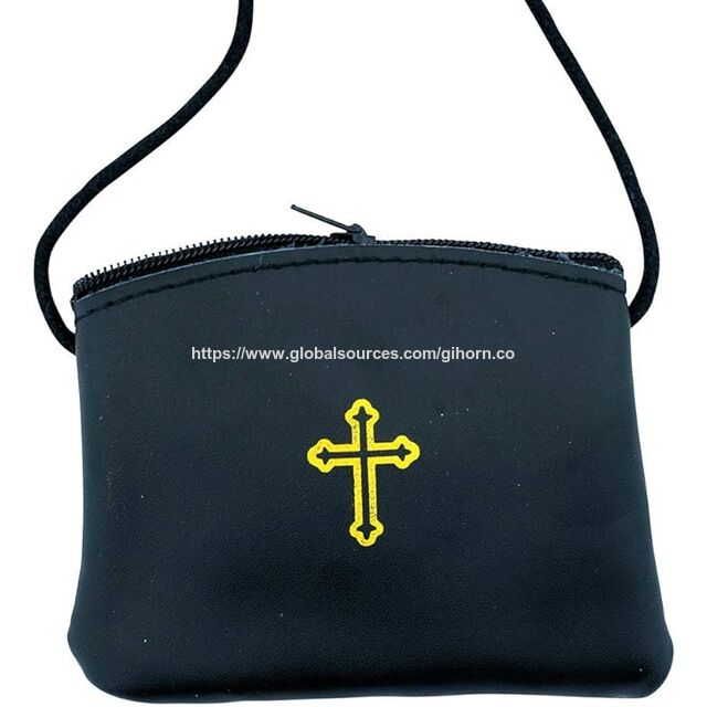 Étui à Chapelet avec Fermeture Éclair et Chapelet Catholique pour Femme, Étui en Cuir avec Croix Dorée Imprimée