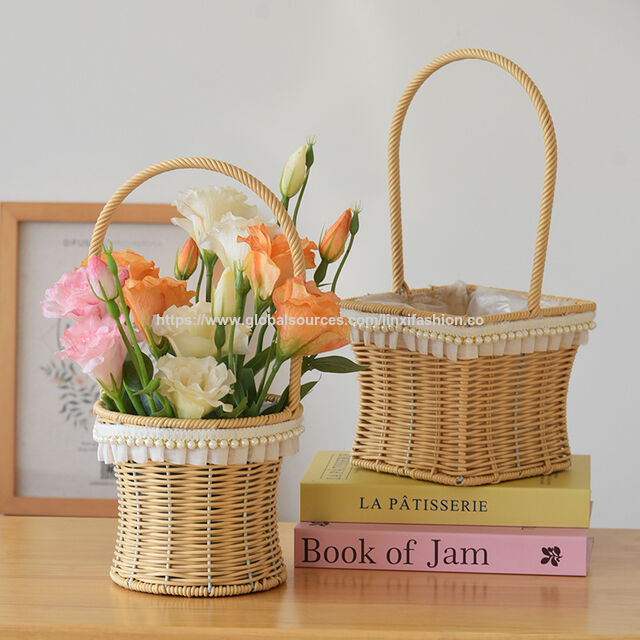 Cesta de mimbre tejida a mano para arreglos florales, fruta de picnic, decoración del hogar, almacenamiento y regalo – Cesta de exhibición de flores secas