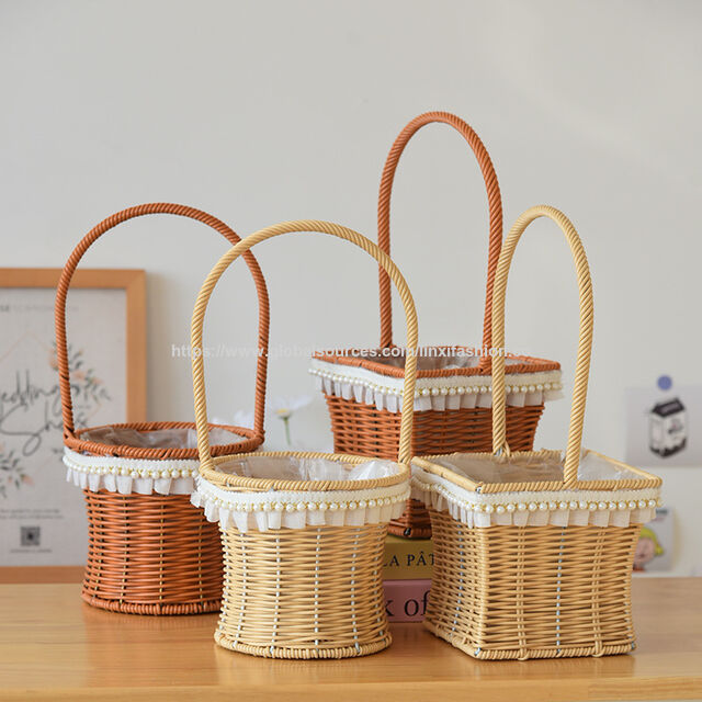 Cesta de mimbre tejida a mano para arreglos florales, fruta de picnic, decoración del hogar, almacenamiento y regalo – Cesta de exhibición de flores secas