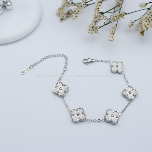Gelang stainless steel semanggi keberuntungan, perhiasan lapis emas