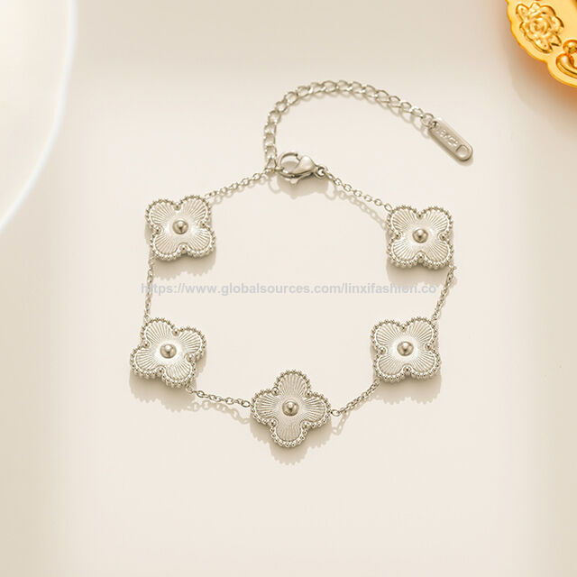 Gelang stainless steel semanggi keberuntungan, perhiasan lapis emas
