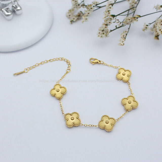 Gelang stainless steel semanggi keberuntungan, perhiasan lapis emas