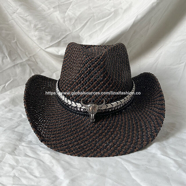 Chapéu de palha 100% de cor mista, chapéu de cowboy ocidental americano com cabeça de touro decorativa, designs personalizados são bem-vindos. Atacado de chapéus de palha.