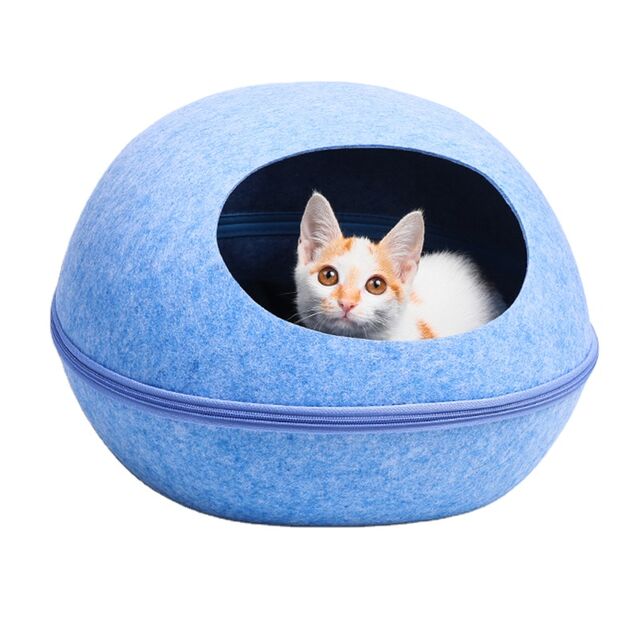Proveedor de mascotas Cama de fieltro para mascotas con diseño de cremallera, cama colorida para gatos, casa para gatos con cojín lavable