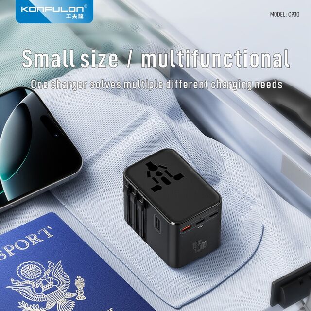 شاحن عالمي سريع الشحن PD45W محمول من KONFULON يدعم مقابس US و UK و EU و AU للسفر