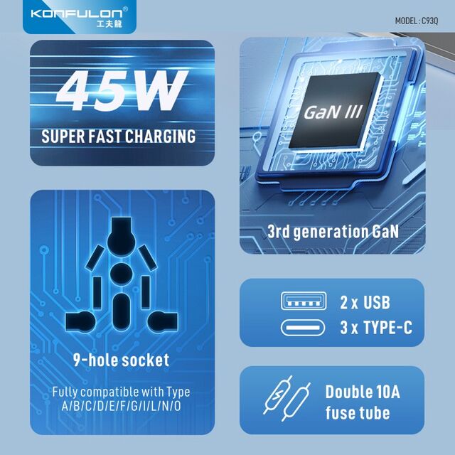 شاحن عالمي سريع الشحن PD45W محمول من KONFULON يدعم مقابس US و UK و EU و AU للسفر