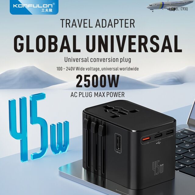 شاحن عالمي سريع الشحن PD45W محمول من KONFULON يدعم مقابس US و UK و EU و AU للسفر