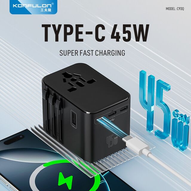 شاحن عالمي سريع الشحن PD45W محمول من KONFULON يدعم مقابس US و UK و EU و AU للسفر