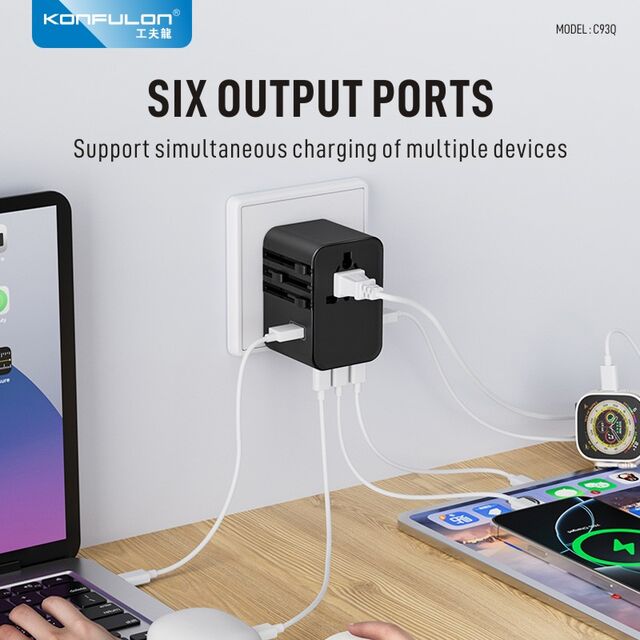 شاحن عالمي سريع الشحن PD45W محمول من KONFULON يدعم مقابس US و UK و EU و AU للسفر
