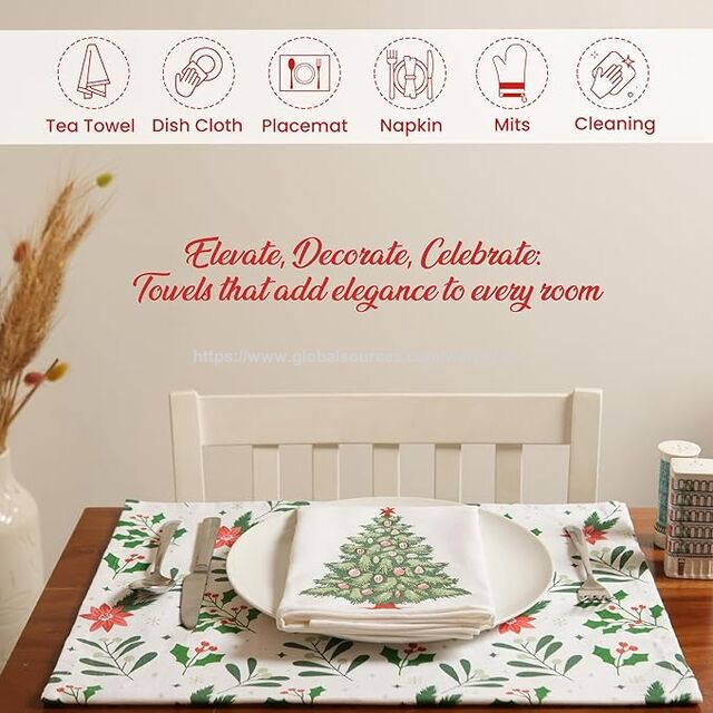 Prix usine Torchons de cuisine de Noël 100 % coton personnalisables Lot de 2 - Imprimés, doux, absorbants, Fabrication OEM/ODM