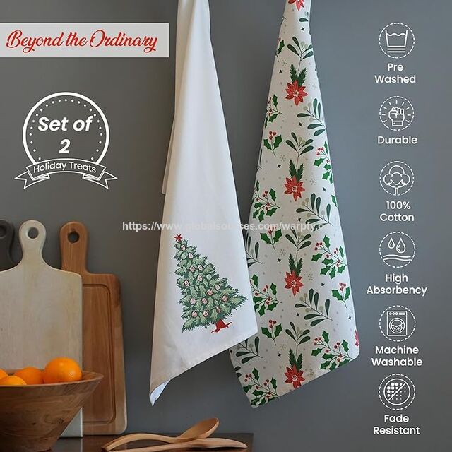 Prix usine Torchons de cuisine de Noël 100 % coton personnalisables Lot de 2 - Imprimés, doux, absorbants, Fabrication OEM/ODM