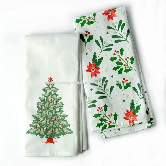 Prix usine Torchons de cuisine de Noël 100 % coton personnalisables Lot de 2 - Imprimés, doux, absorbants, Fabrication OEM/ODM