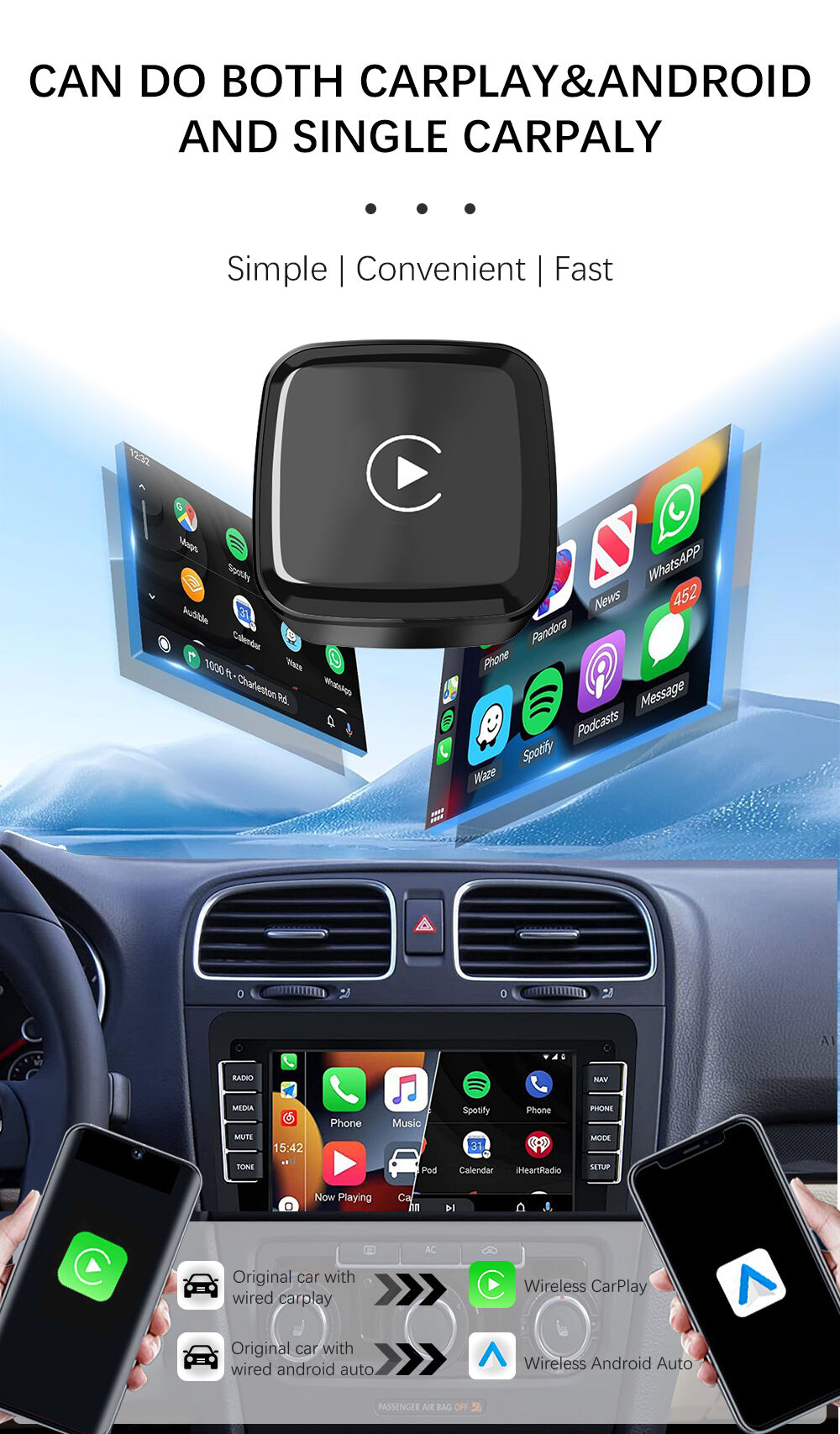 Ce Rohs Fcc Certified Wireless Carplay Android Auto Adapter Converts ...