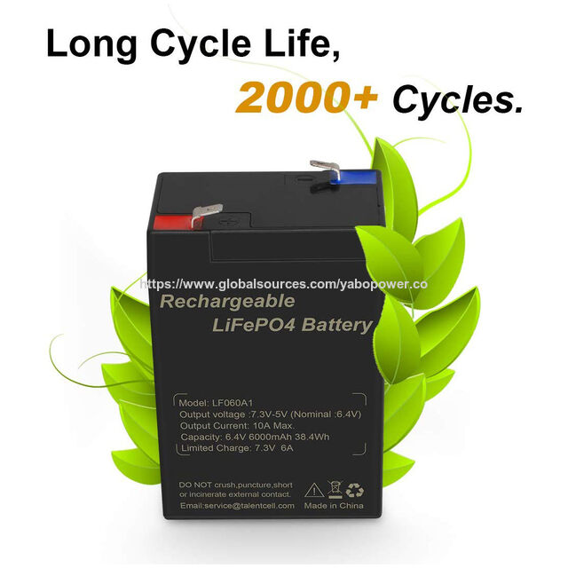 YABO Bateria Recarregável LifePO4 6.4V, 2000 Ciclos, Substituição de Chumbo-Ácido, 6 Volts, 6V 6Ah, Bateria Selada