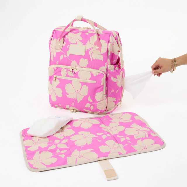 Mochila de maternidade com estampa personalizada de flor de hibisco, nylon ripstop, compartimento para sapatos, mochila de fraldas para mãe para viagem