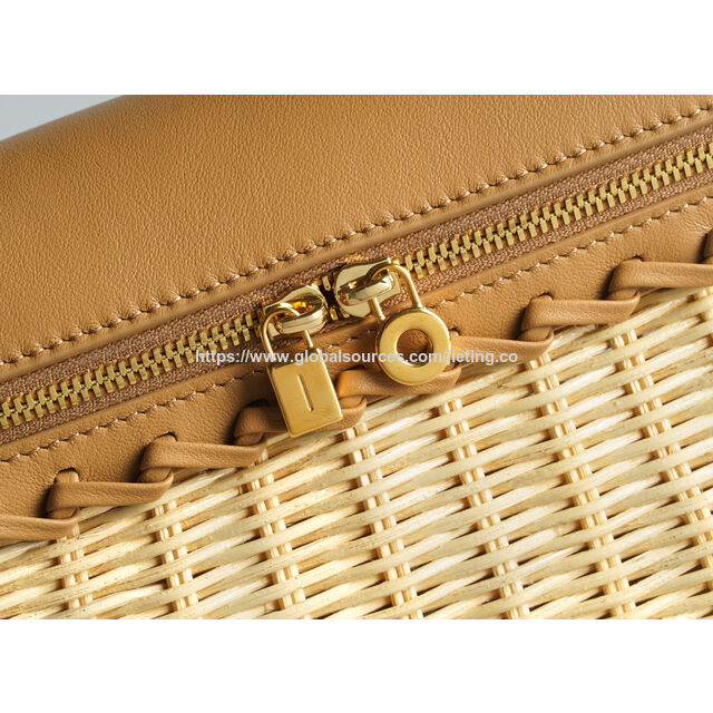 Factory supply woven bag trimmed with genuine leather