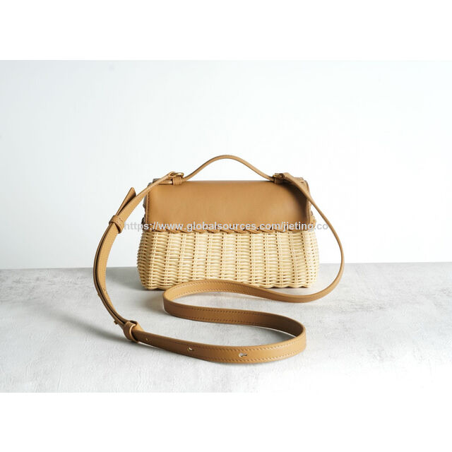 Factory supply woven bag trimmed with genuine leather