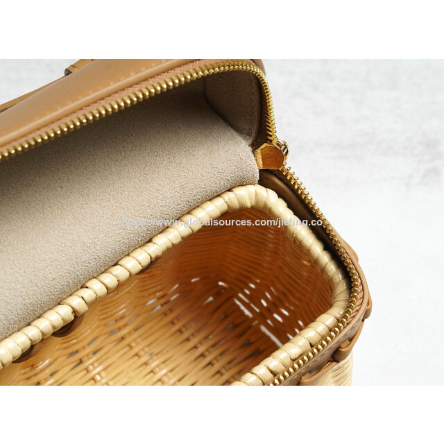 Factory supply woven bag trimmed with genuine leather