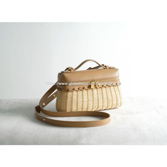 Factory supply woven bag trimmed with genuine leather