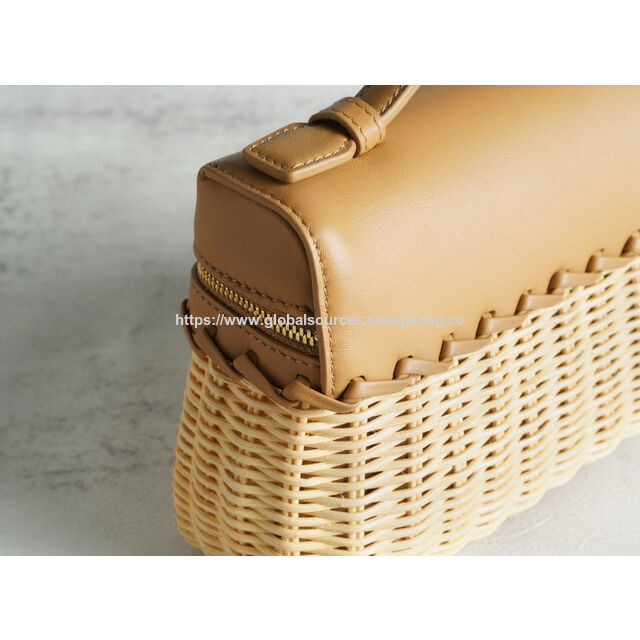 Factory supply woven bag trimmed with genuine leather