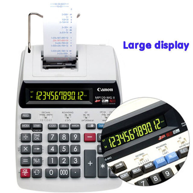 MP120-MGII Grande calculatrice de bureau à brancher avec double affichage LCD 12 chiffres, impression couleur et petit rouleau de papier test