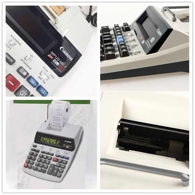 MP120-MGII Grande calculatrice de bureau à brancher avec double affichage LCD 12 chiffres, impression couleur et petit rouleau de papier test