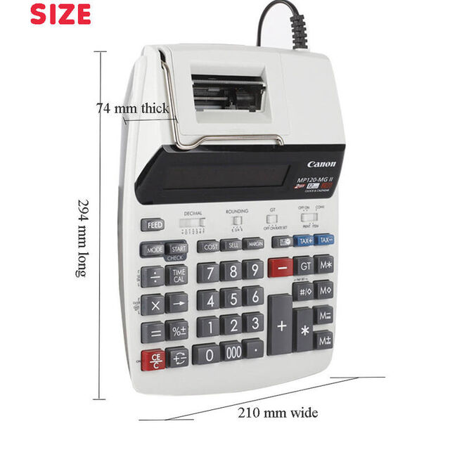 MP120-MGII Grande calculatrice de bureau à brancher avec double affichage LCD 12 chiffres, impression couleur et petit rouleau de papier test