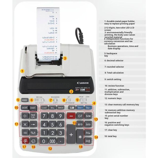 MP120-MGII Grande calculatrice de bureau à brancher avec double affichage LCD 12 chiffres, impression couleur et petit rouleau de papier test