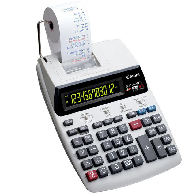 MP120-MGII Grande calculatrice de bureau à brancher avec double affichage LCD 12 chiffres, impression couleur et petit rouleau de papier test