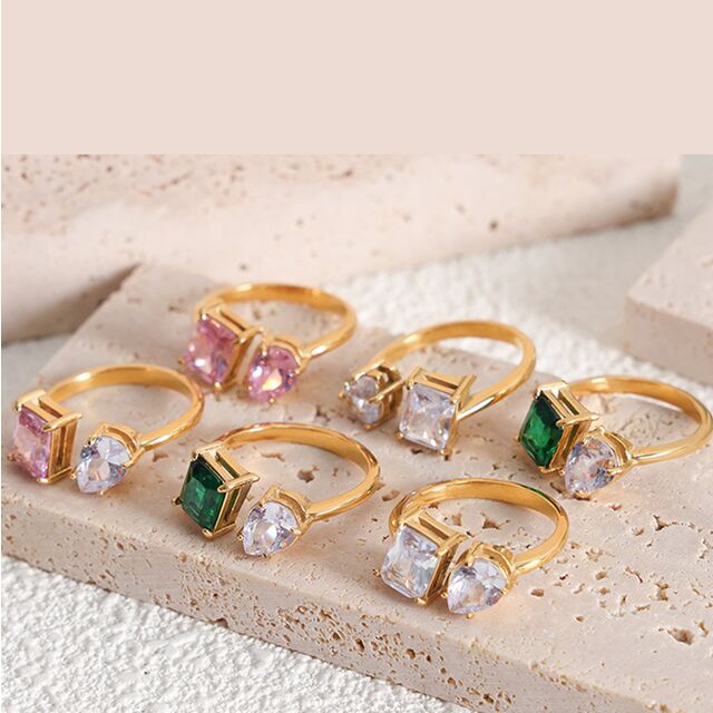 Minimalistischer Ring mit farbigem Zirkon, leichter Luxus, offener Ring aus Edelstahl, vergoldet, kreativ, vielseitig