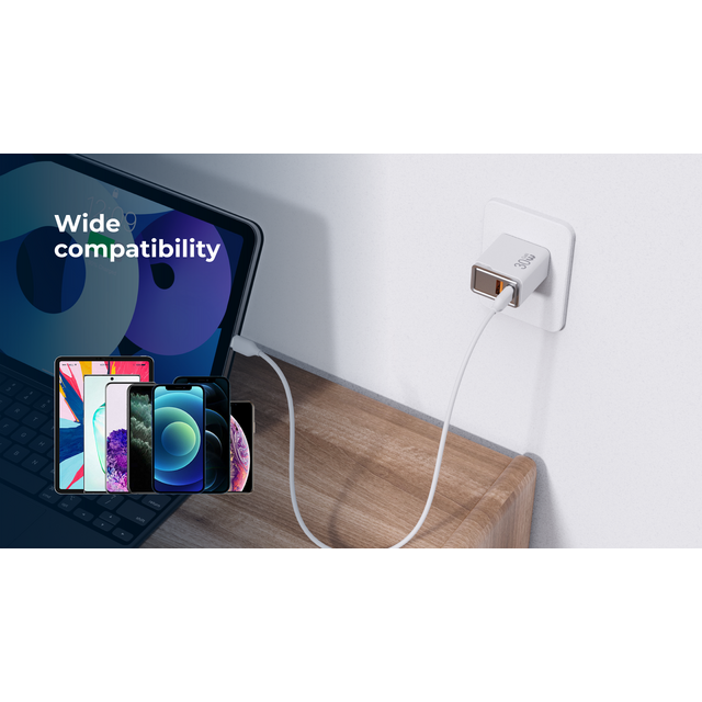 Chargeur mural GaN PD 30W, bloc de charge rapide USB C à double port, prise pliable pour téléphones intelligents et autres appareils - utilisation intérieure et extérieure