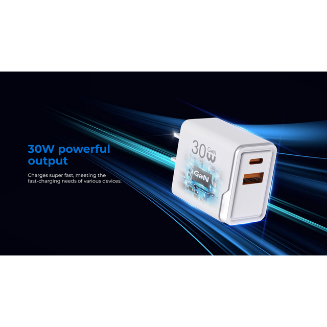 Chargeur mural GaN PD 30W, bloc de charge rapide USB C à double port, prise pliable pour téléphones intelligents et autres appareils - utilisation intérieure et extérieure