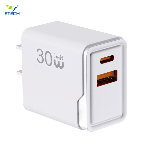 Chargeur mural GaN PD 30W, bloc de charge rapide USB C à double port, prise pliable pour téléphones intelligents et autres appareils - utilisation intérieure et extérieure