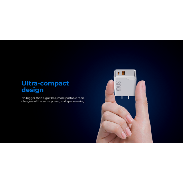 Chargeur mural GaN PD 30W, bloc de charge rapide USB C à double port, prise pliable pour téléphones intelligents et autres appareils - utilisation intérieure et extérieure