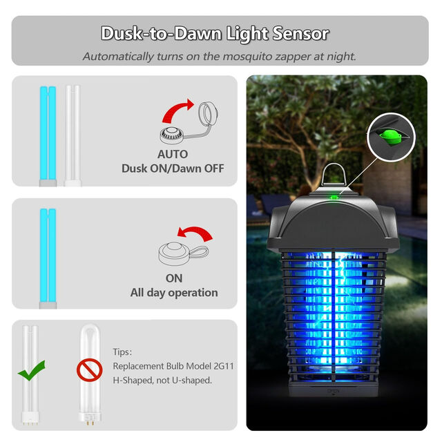 Lámpara antimosquitos para exteriores con sensor de luz crepuscular a amanecer, repelente de moscas a prueba de agua, matamosquitos eléctrico para jardín OEM/ODM