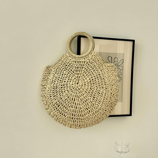 Vente en gros transfrontalière de sac de paille d'été de style rétro avec fermeture ouverte, nouveau, simple, de couleur pure, tissé pour les saisons d'été, d'hiver et d'automne