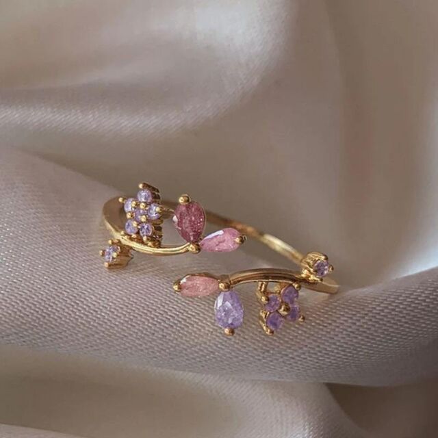 DAIHE Blumenring für Damen, Süße Mädchen, Exquisiter, glänzender Strass, Bunter Strass, Dreidimensionaler, quadratischer, breiter Ring