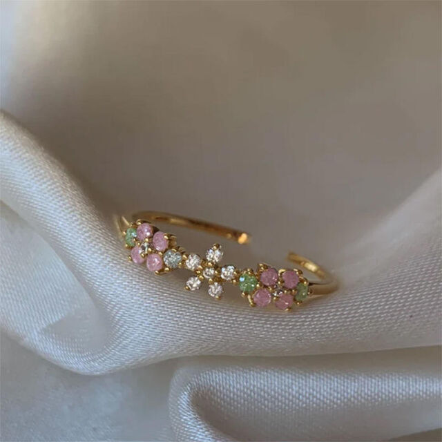 DAIHE Blumenring für Damen, Süße Mädchen, Exquisiter, glänzender Strass, Bunter Strass, Dreidimensionaler, quadratischer, breiter Ring