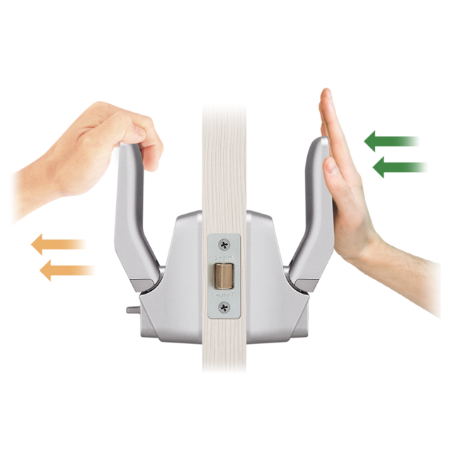 Manija de puerta corredera sin barreras con pestillo de inversión automática, disponible en modelos con llave de moneda