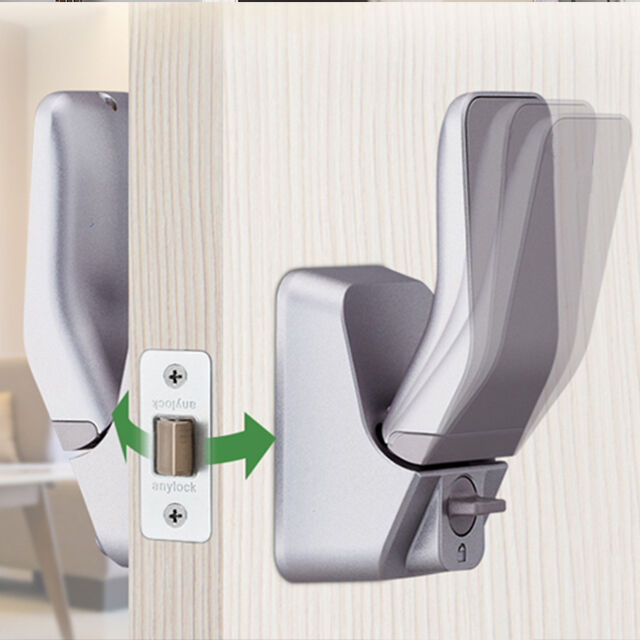 Manija de puerta corredera sin barreras con pestillo de inversión automática, disponible en modelos con llave de moneda