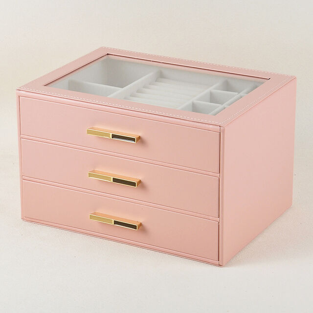 Dreischichtige Schmuckschatulle aus PU mit Schublade und Glasdachfenster, Aufbewahrungsbox für Halsketten, Ohrstecker, Ohrringe, Schmuckschatulle, leichter Luxus-Stil