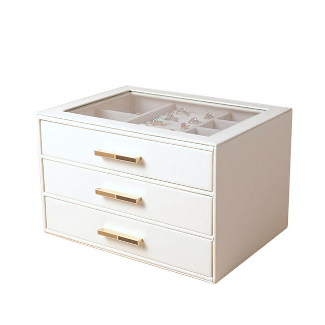 Dreischichtige Schmuckschatulle aus PU mit Schublade und Glasdachfenster, Aufbewahrungsbox für Halsketten, Ohrstecker, Ohrringe, Schmuckschatulle, leichter Luxus-Stil