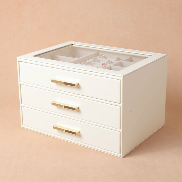 Dreischichtige Schmuckschatulle aus PU mit Schublade und Glasdachfenster, Aufbewahrungsbox für Halsketten, Ohrstecker, Ohrringe, Schmuckschatulle, leichter Luxus-Stil