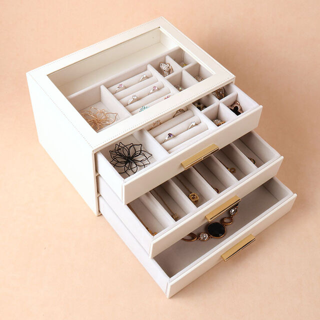 Dreischichtige Schmuckschatulle aus PU mit Schublade und Glasdachfenster, Aufbewahrungsbox für Halsketten, Ohrstecker, Ohrringe, Schmuckschatulle, leichter Luxus-Stil
