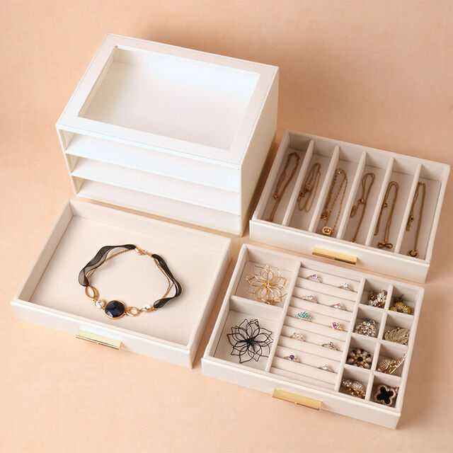 Dreischichtige Schmuckschatulle aus PU mit Schublade und Glasdachfenster, Aufbewahrungsbox für Halsketten, Ohrstecker, Ohrringe, Schmuckschatulle, leichter Luxus-Stil