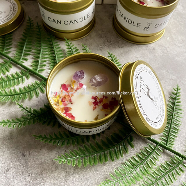 Vela de viagem portátil em lata prateada com flor seca e cristal, vela aromática de cera de soja para alívio do estresse