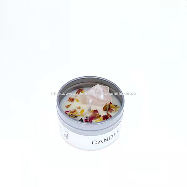 Vela de viagem portátil em lata prateada com flor seca e cristal, vela aromática de cera de soja para alívio do estresse