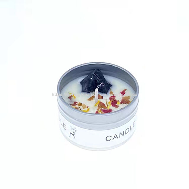 Vela de viagem portátil em lata prateada com flor seca e cristal, vela aromática de cera de soja para alívio do estresse