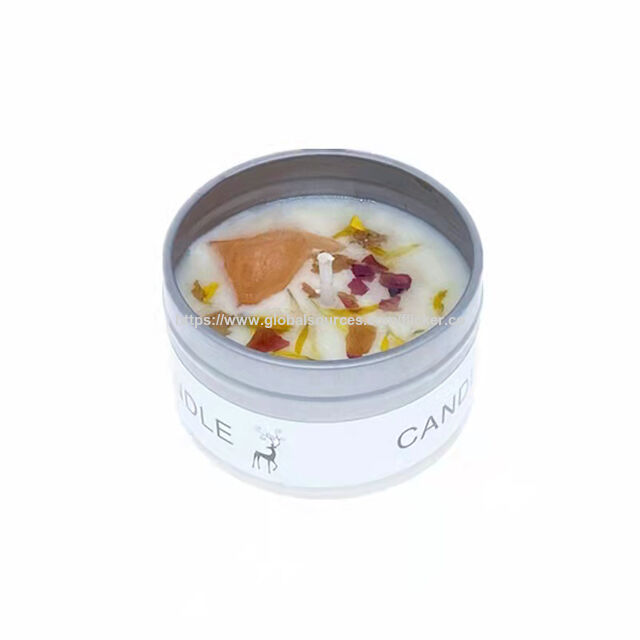 Vela de viagem portátil em lata prateada com flor seca e cristal, vela aromática de cera de soja para alívio do estresse